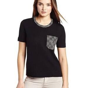 BCBGMAXAZRIA Women's Black Short Sleeve Studded Pocket Sweater Top Size Large